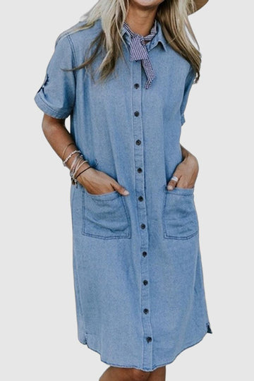 Women's Denim Shirt Dress - Knee Length - Short Sleeve - Button Front - Relaxed Fit