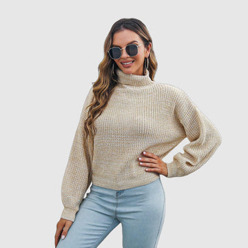 Women's high-neck casual pullover sweater with lantern sleeves