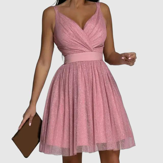 Women's Cocktail Dress - Sleeveless V-Neck - Ruched Bodice - A-Line Flowing Skirt