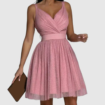 Women's Cocktail Dress - Sleeveless V-Neck - Ruched Bodice - A-Line Flowing Skirt