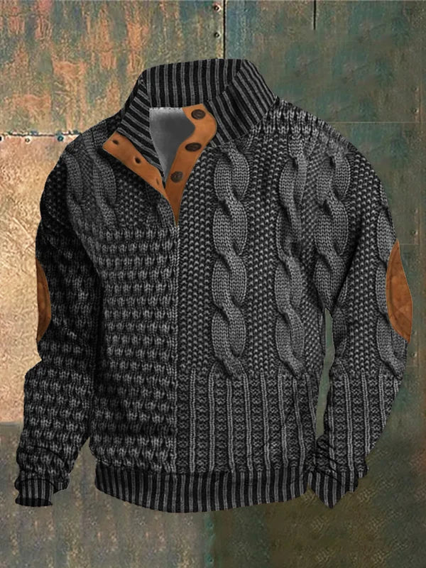 Men's stylish cable knit sweater with elbow patches