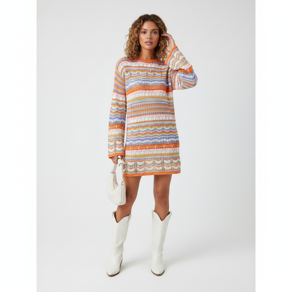 Luna – Multicolor Crochet Knitted Sweater Dress