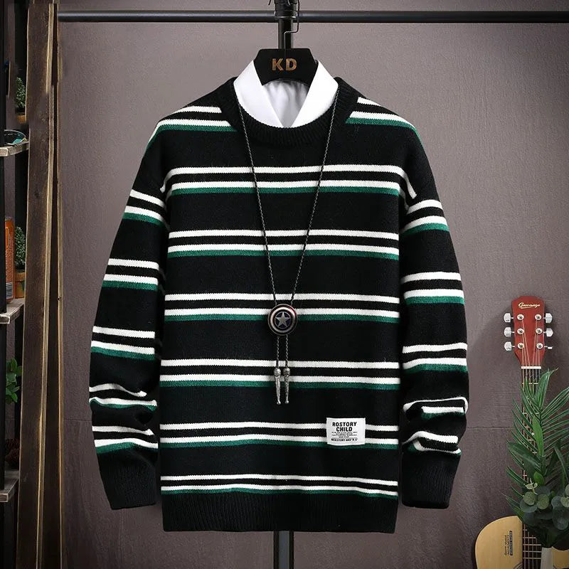 Men's multi-striped crewneck sweater with casual fit