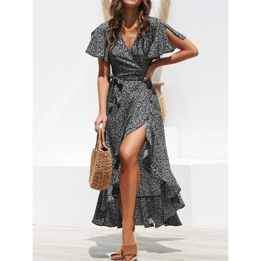 Women's Wrap Dress - V-Neck Flutter Sleeve - High-Low Hemline - Waist Tie Flowy Fit