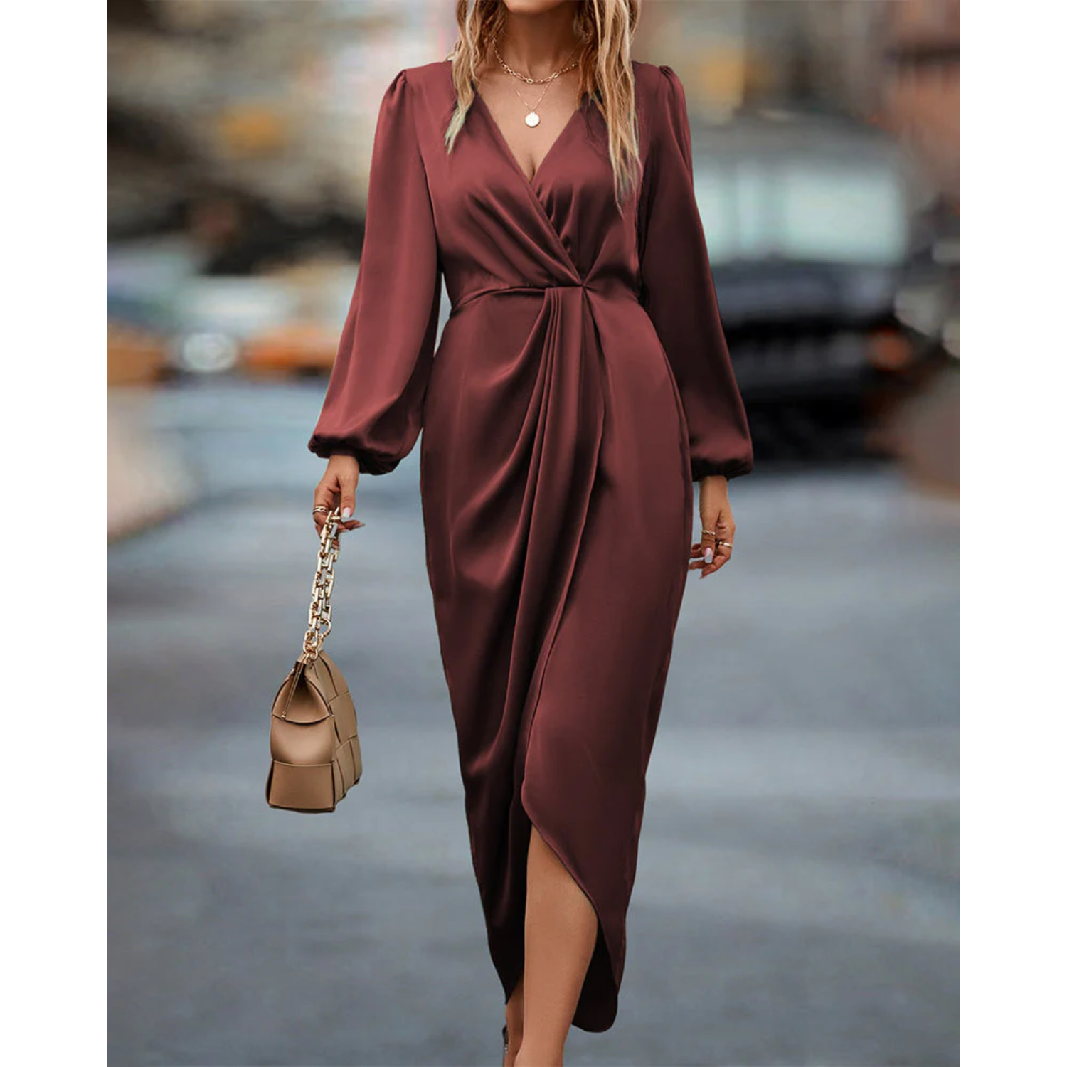 Janet - Elegant V-Neck Lantern Sleeve Dress