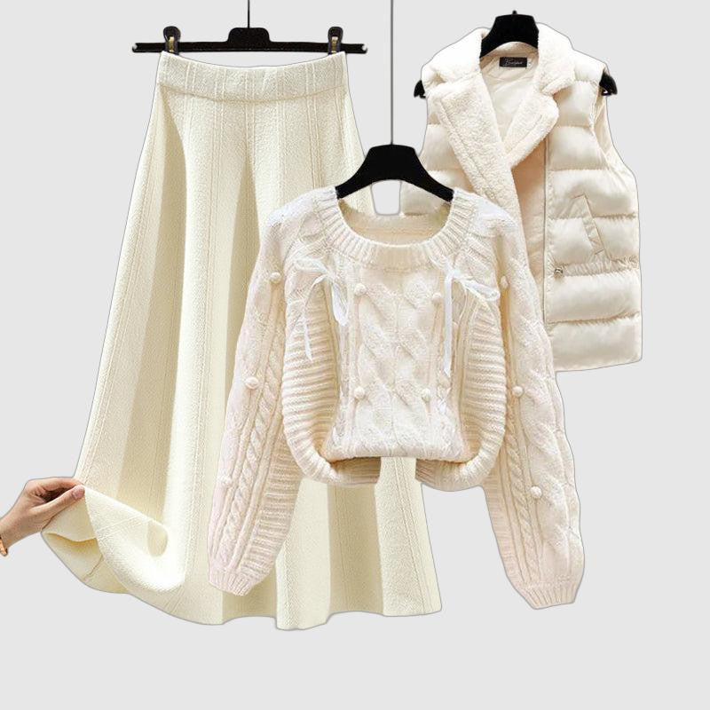 Women's 3-piece knitted set with sweater skirt and vest