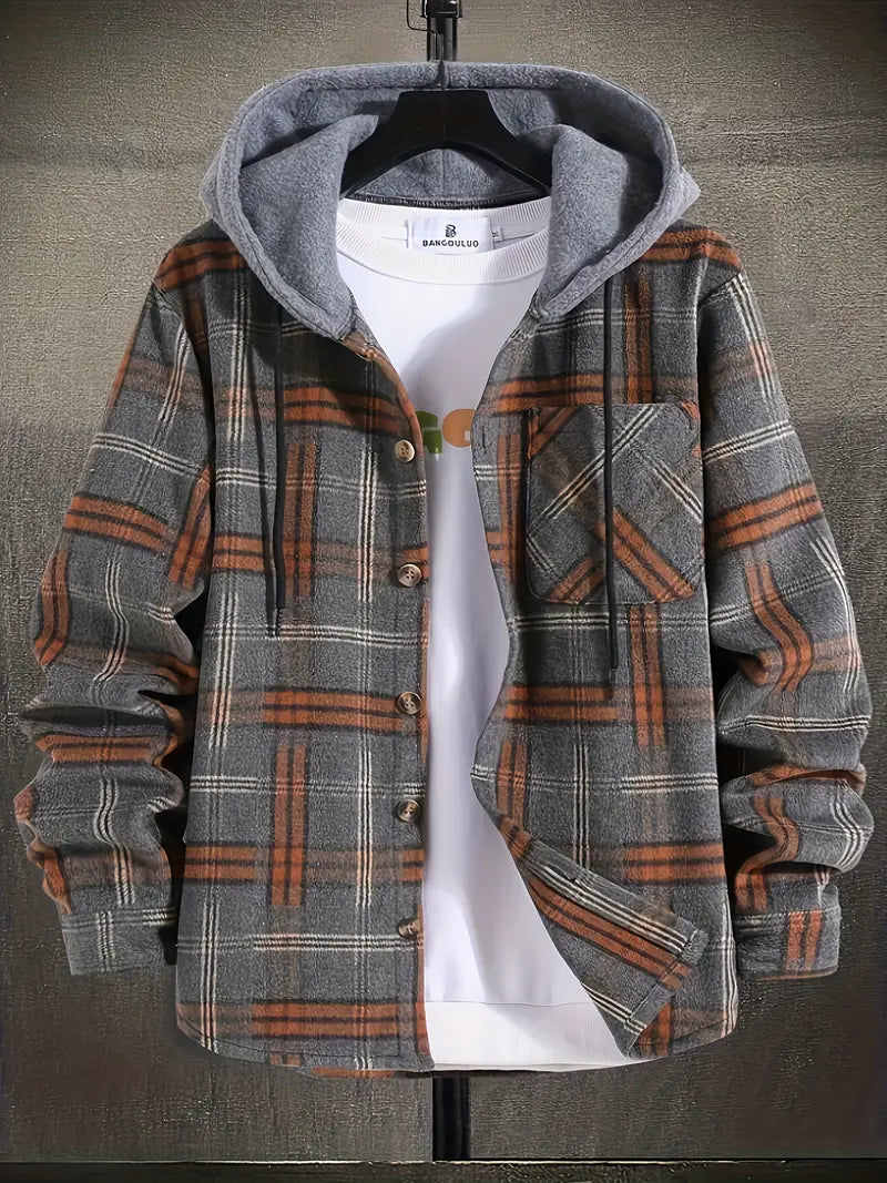 Men's hooded plaid flannel shirt jacket