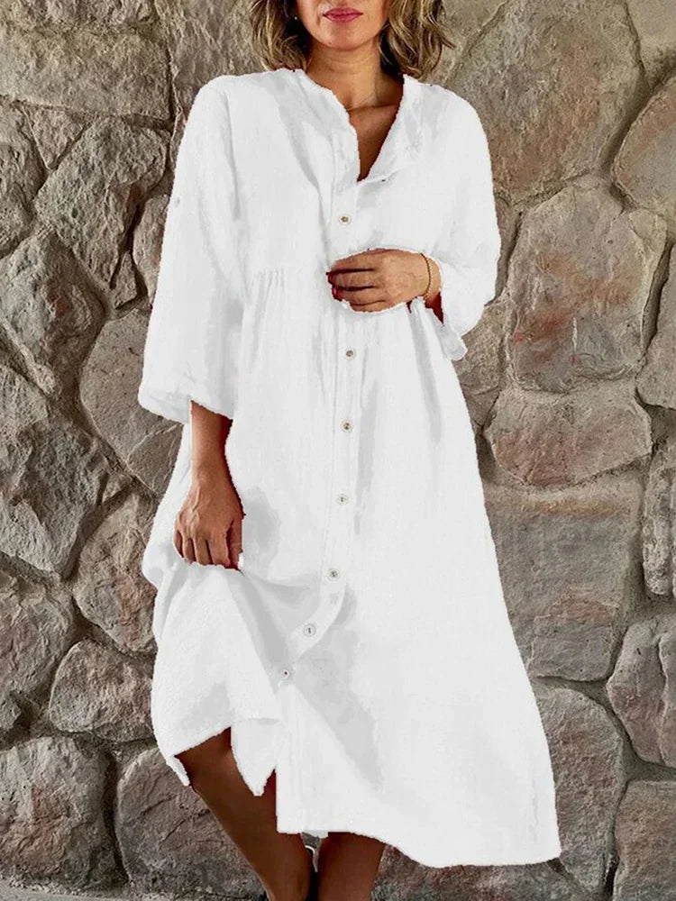 Women's Button-Down Shirtdress - Linen Blend - Relaxed Fit - Three-Quarter Sleeve