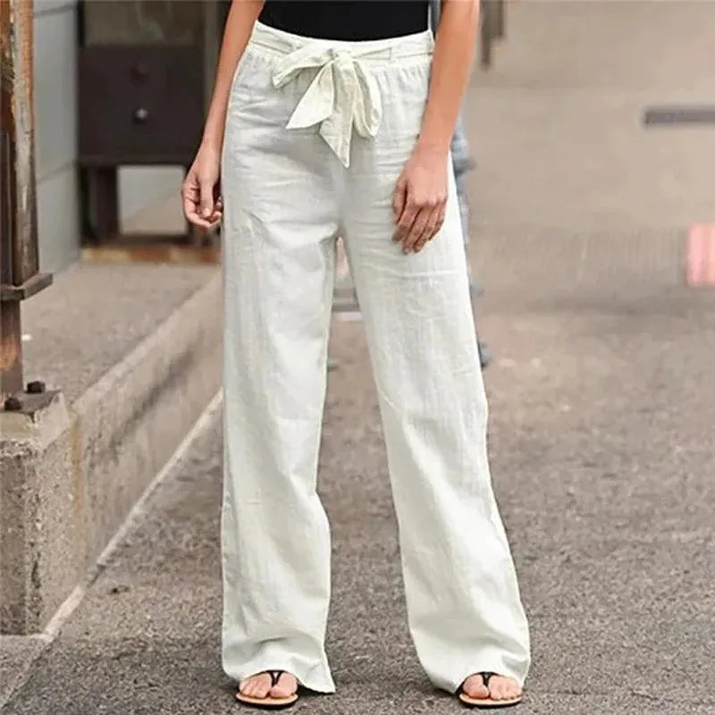 Women’s Wide Leg Pants – Cotton Linen Blend – High Waist – Tie Waist – With Pockets