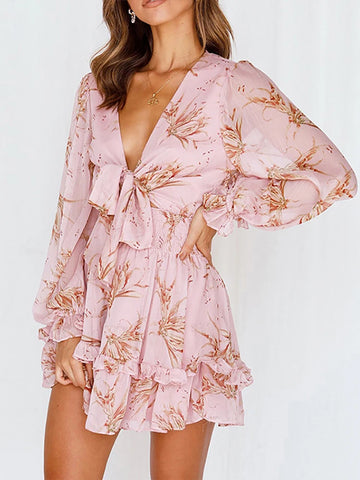 Women's Floral V-Neck Tie Dress - Long Sleeves - Layered Hem