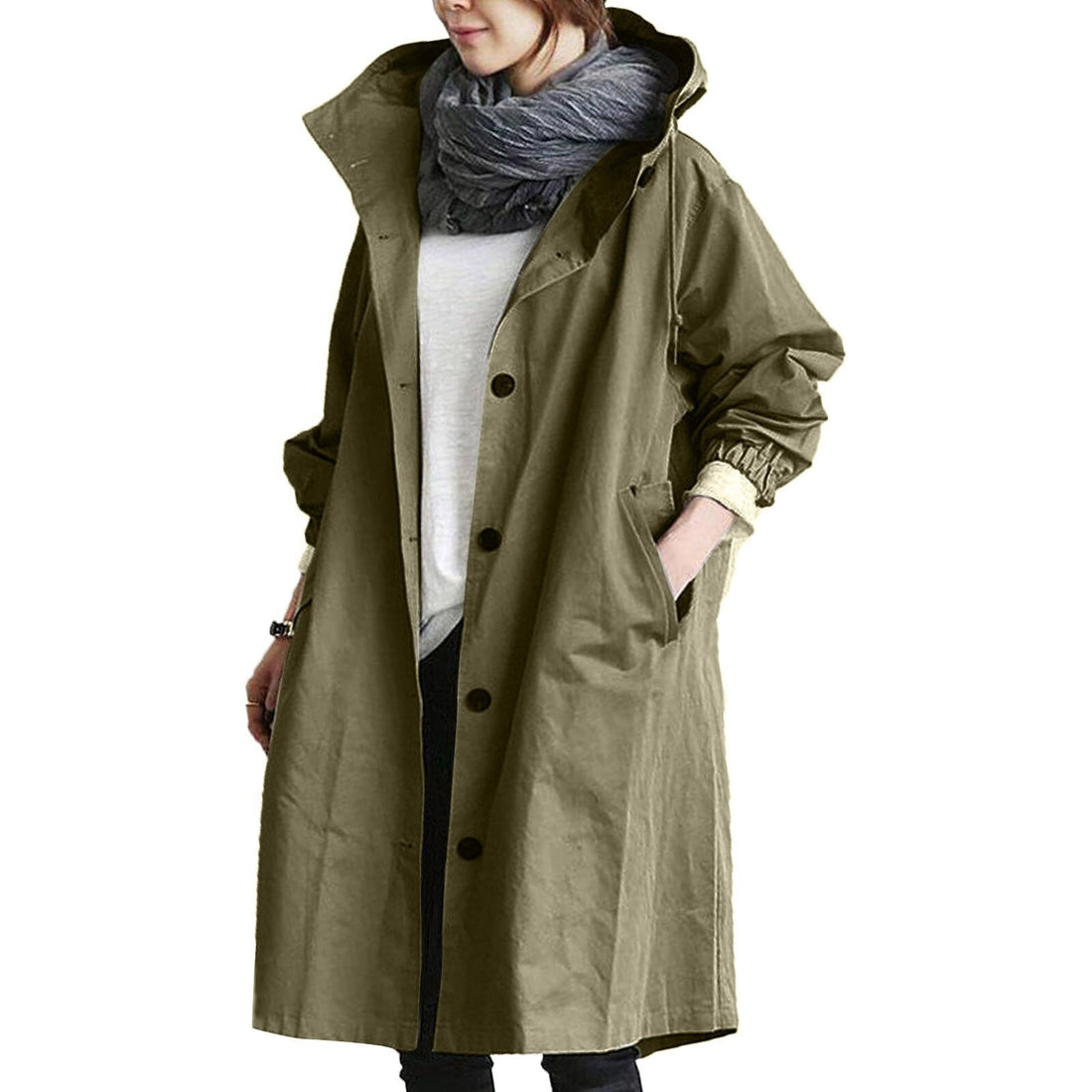 Women's Long Hooded Parka Coat - Oversized Fit - Button Closure - Lightweight Water-Resistant