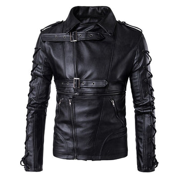 Men's punk leather jacket with buckles and lace-up accents