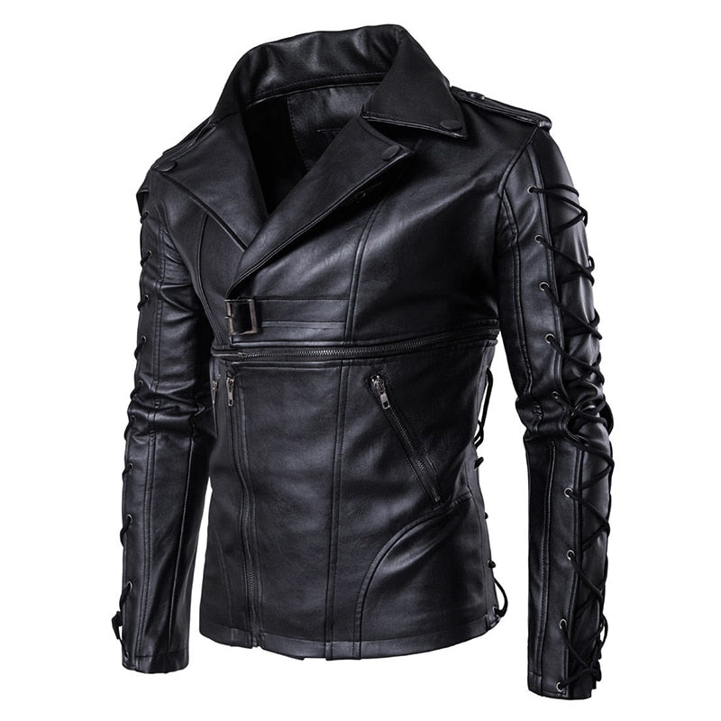 Men's punk leather jacket with buckles and lace-up accents