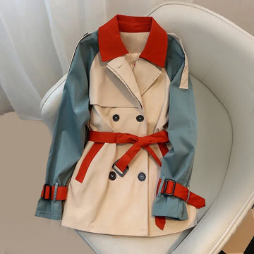 Women's color block trench coat with belt