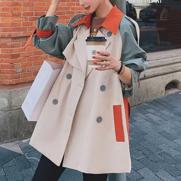 Women's Trench Coat - Double-Breasted - Loose Fit - Wide Lapel - Contrast Detail