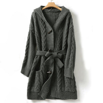 Women's cable knit hooded cardigan coat with belt