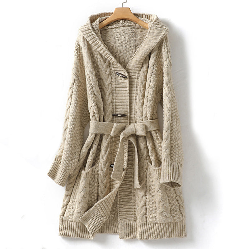 Women's cable knit hooded cardigan coat with belt