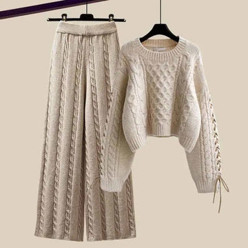 Women's autumn winter knit sweater and wide-leg pants two-piece set