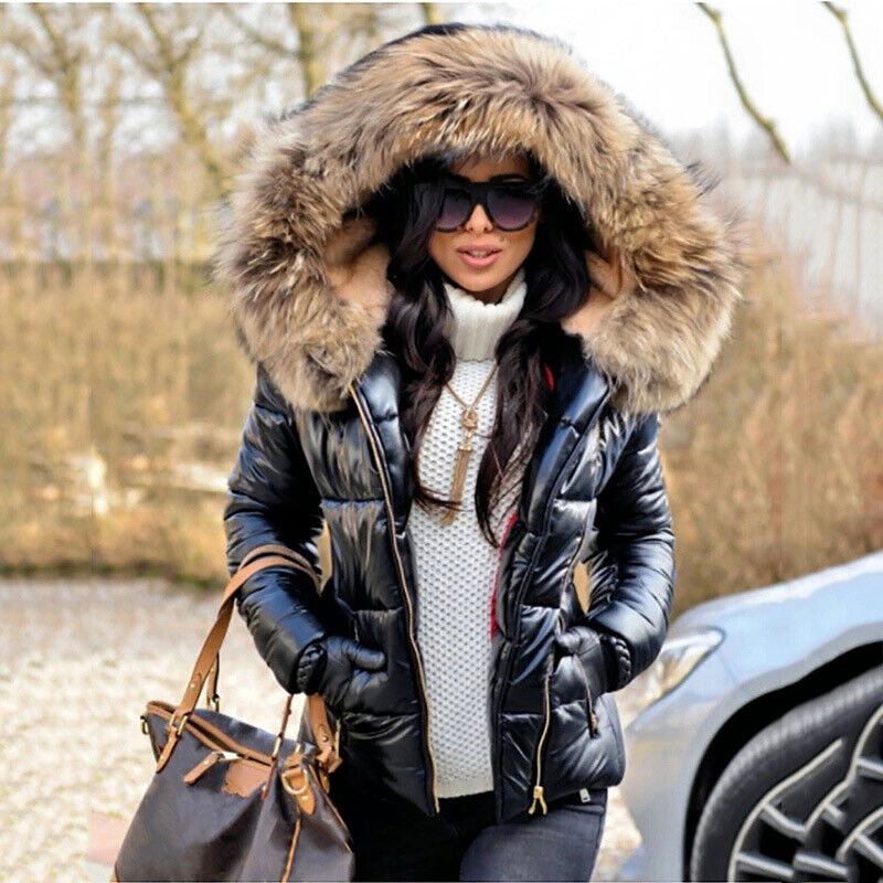 Women's quilted jacket with large faux fur hood