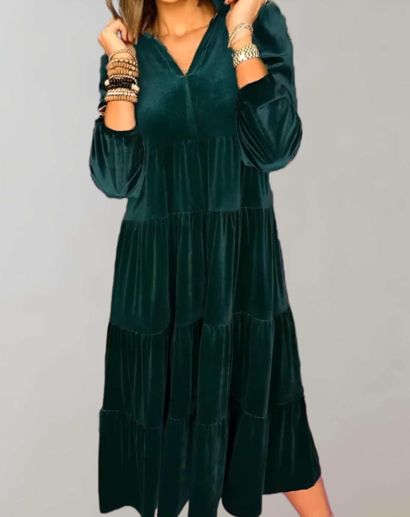 Women's Midi Dress - Velvet Fabric - Relaxed Fit - Tiered Design - V-Neck - Long Sleeve