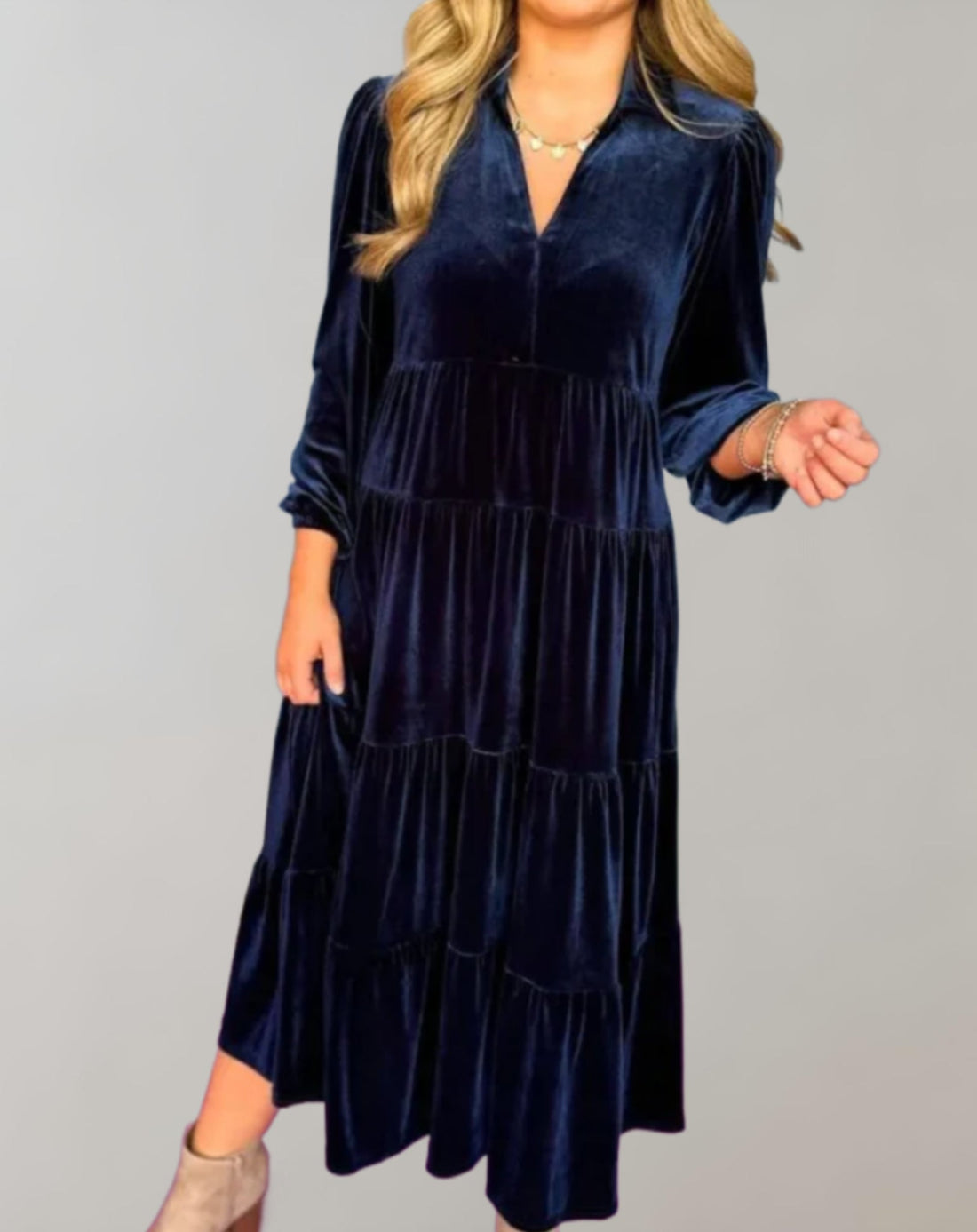 Women's Midi Dress - Velvet Fabric - Relaxed Fit - Tiered Design - V-Neck - Long Sleeve