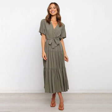 Women’s Midi Dress - V-Neck - Flutter Sleeves - Cinched Waist with Tie - Tiered Skirt