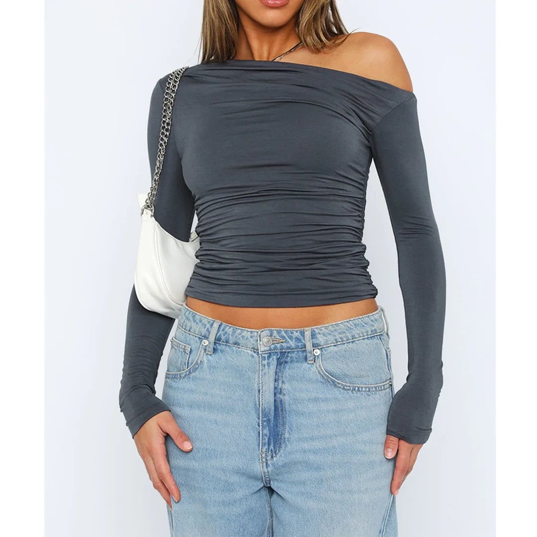 Asymmetrical Off-Shoulder Top in Stretch Fit with Lightweight Polyester Blend