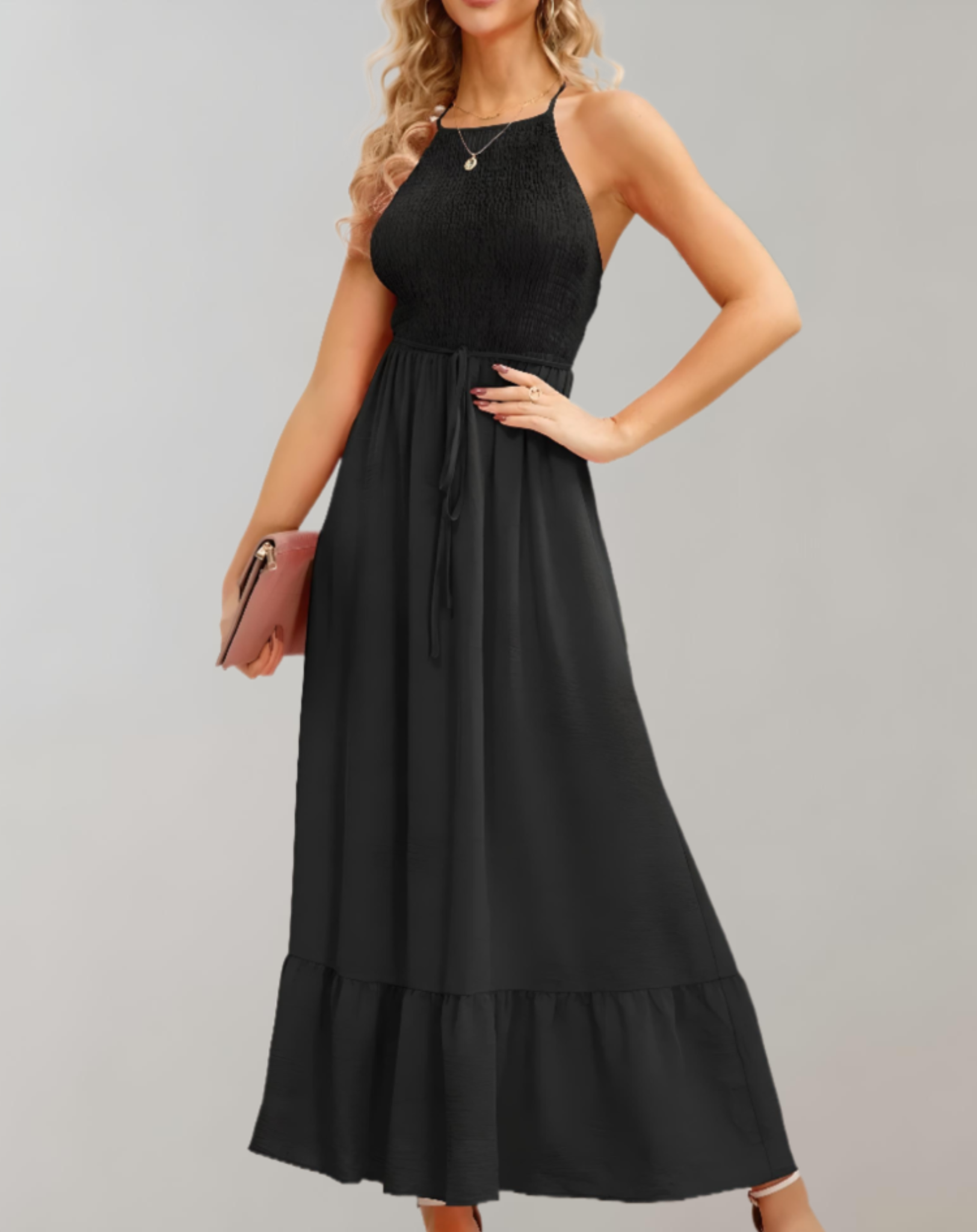 Women's Maxi Dress - Sleeveless Halter Neck - Shirred Bodice - Tiered Flowy Skirt