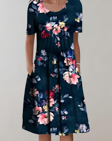 Donna - Bohemian Dress with Floral Prints and Round Neck