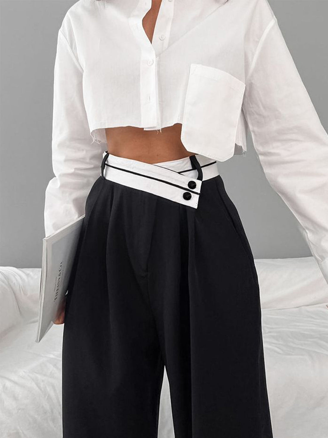 Piper - asymmetrical contrast waistband wide leg dress pants