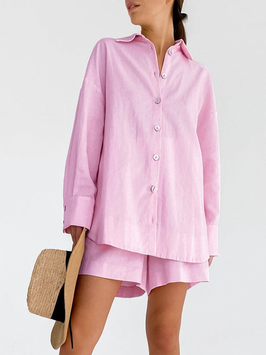 Lara - button down long sleeve two-piece shorts set