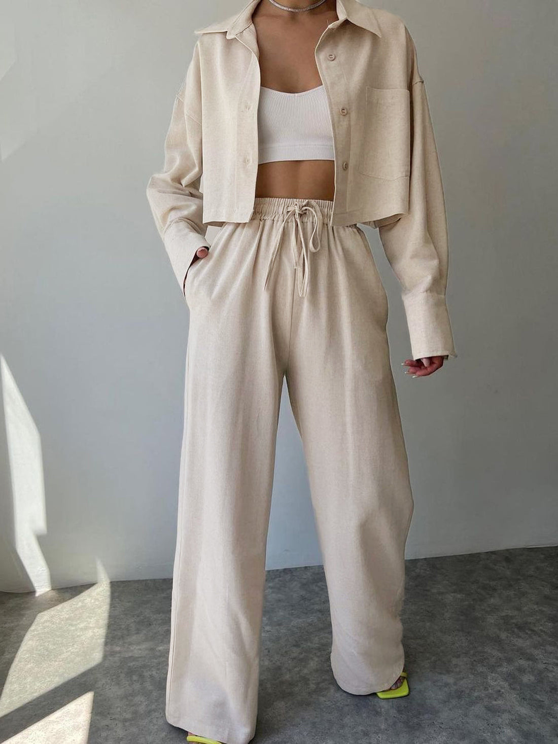 Sabrina - collared crop long sleeve drawstring two piece pants set