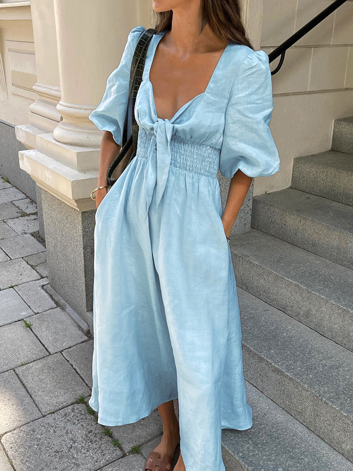 Anelle - front tie puff sleeve midi dress