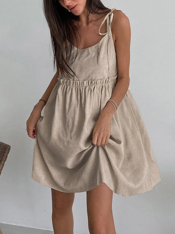 Women's Mini Dress - Sleeveless Tie Shoulder - Cinched Waist - Lightweight Casual Wear