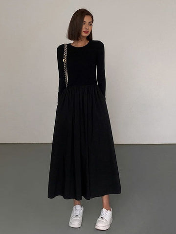 Women's Maxi Dress - Long Sleeve Crew Neck - Flowing Gathered Skirt Elegant Fit