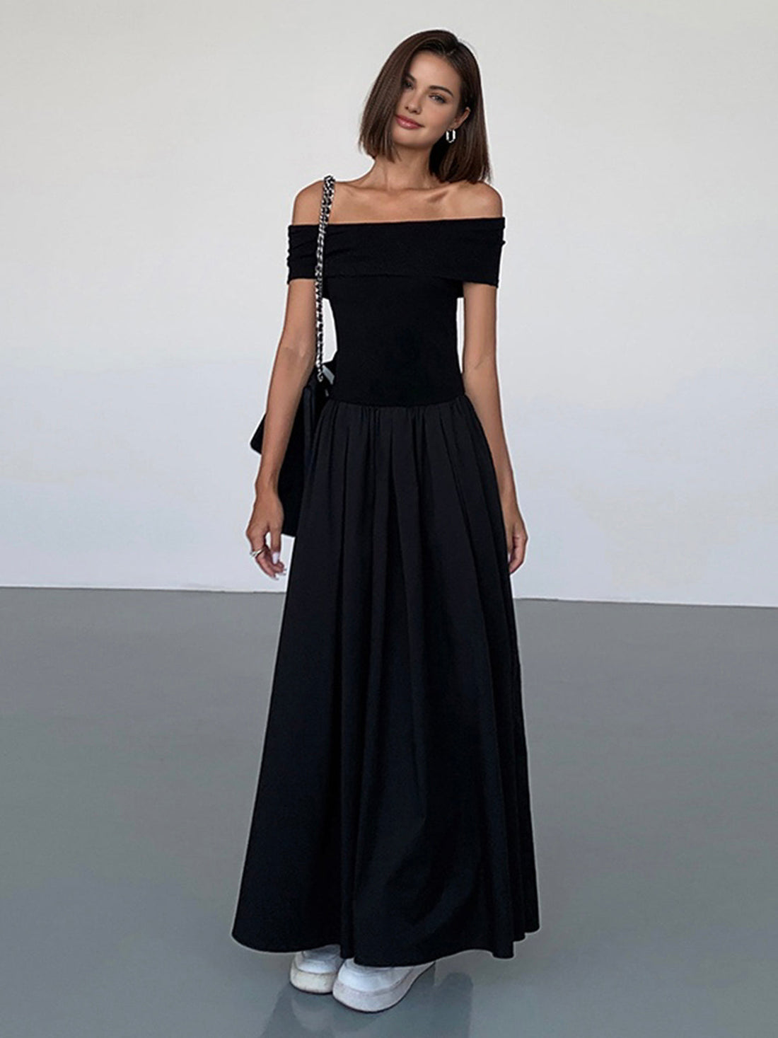 Women's Off-Shoulder Maxi Dress - Elegant Flowing Silhouette - Fitted Bodice