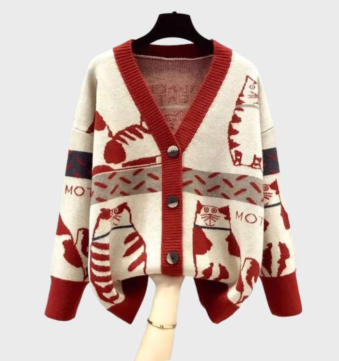 Fashionable long-sleeved women’s cardigan with jacquard design and button details