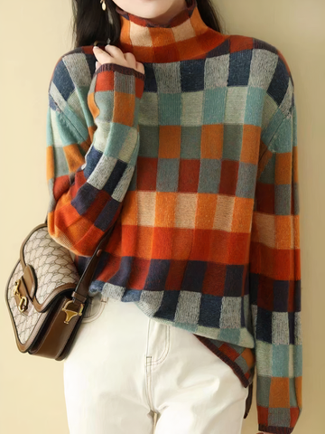 Women's colorful checkered turtleneck sweater