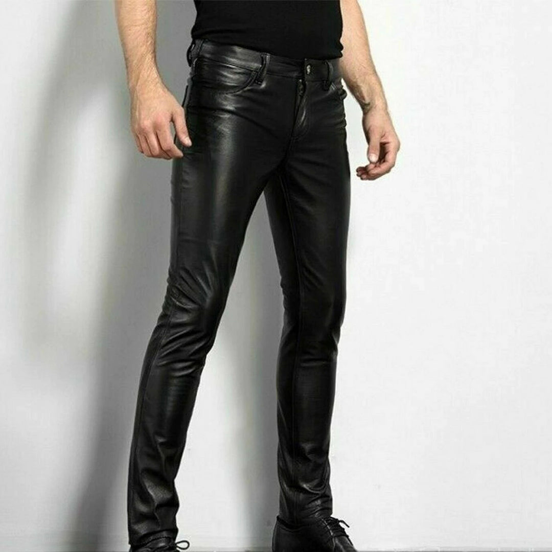 Men’s Slim Fit Pants – Imitation Leather – Five-Pocket Design – Full Length