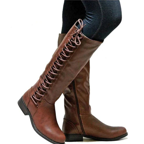 Women’s Knee-High Boots – Lace-Up Front – Side Zipper – Flat Sole – Sleek Fit