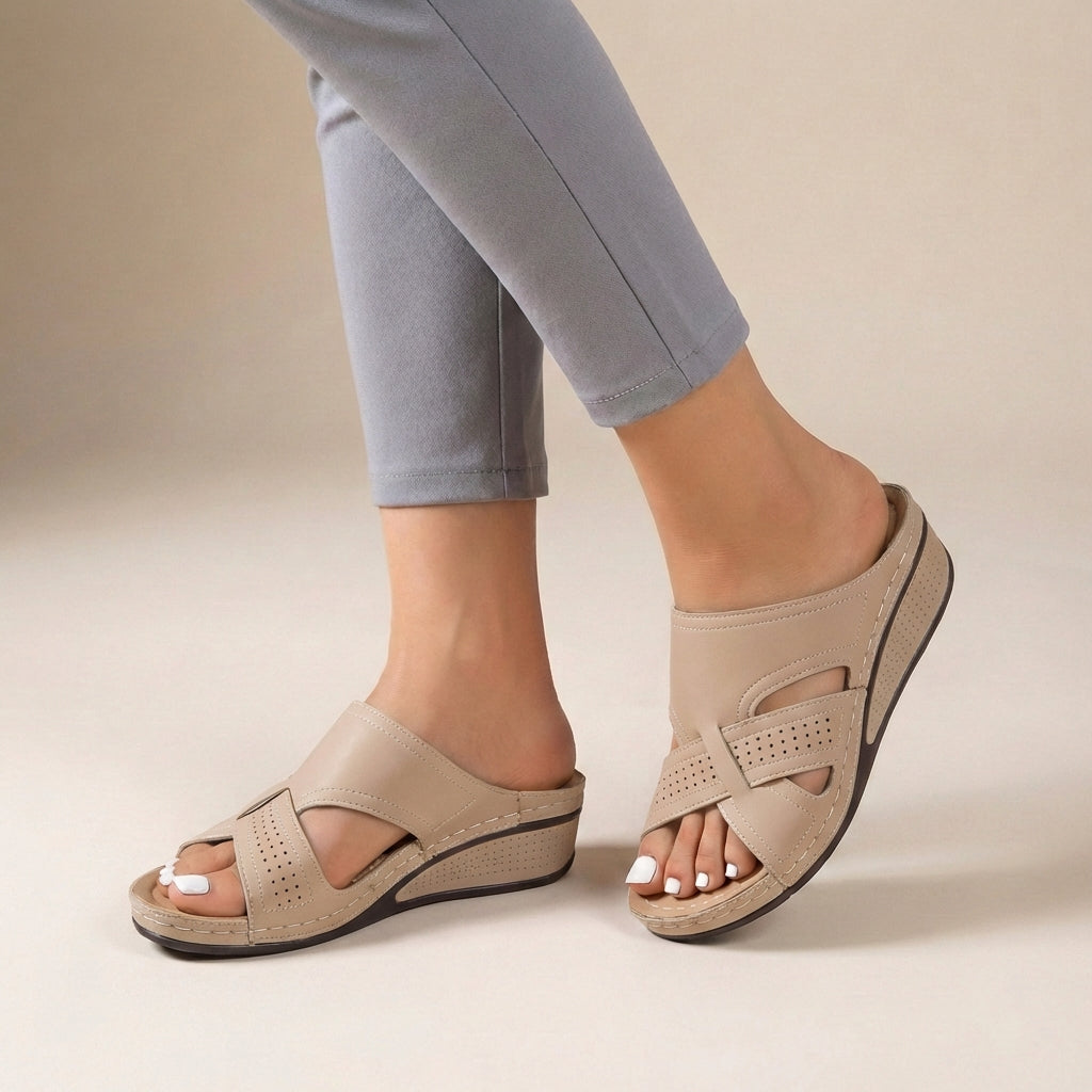 Suede Slip-On Wedge Sandals with Artistic Cutout Straps and Open Toe