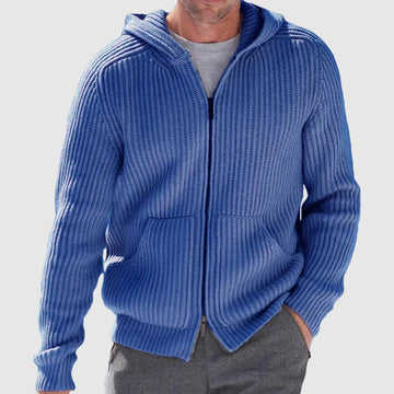 Men's knitted cardigan with hooded design