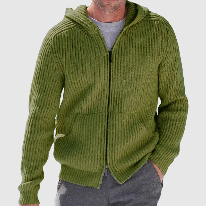 Men's knitted cardigan with hooded design