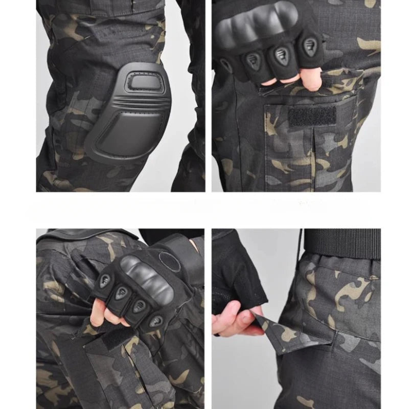 Men's tactical combat uniform with camo pattern set