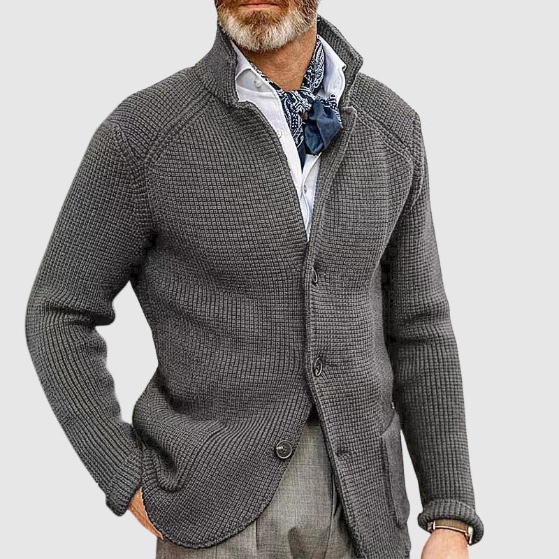 Men's button-up knitted blazer with stand collar