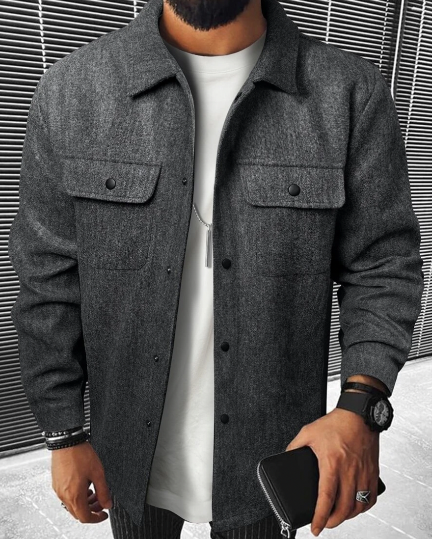 Men's black casual utility jacket for a sleek urban look