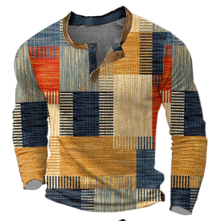 Men's patchwork print casual henley