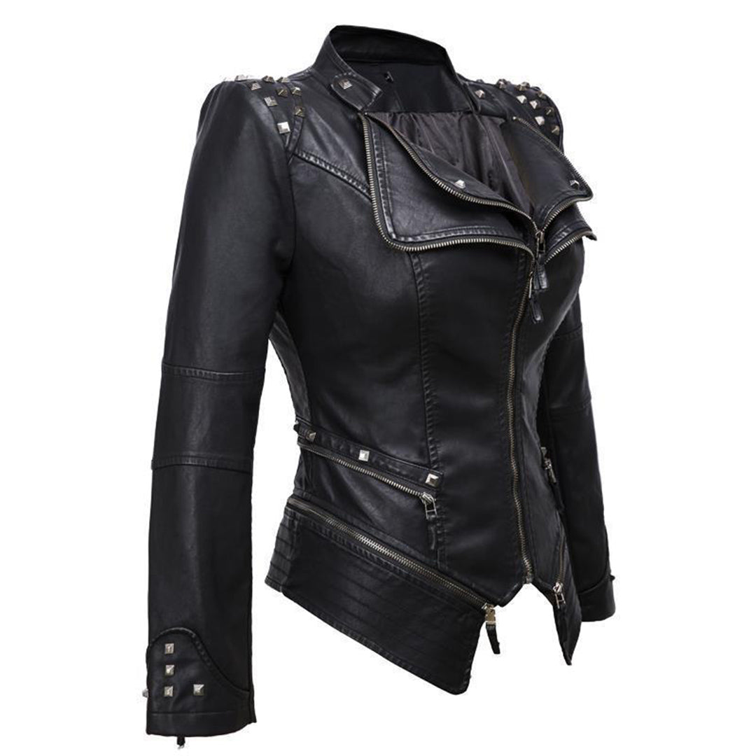 Leather Biker Jacket - Fitted Asymmetrical Zip - Studded Shoulder - Notched Collar