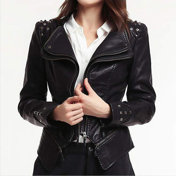 Leather Biker Jacket - Fitted Asymmetrical Zip - Studded Shoulder - Notched Collar