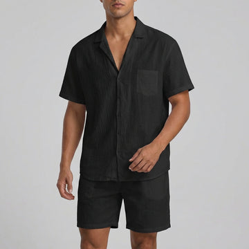 Relaxed Blend Two-Piece Shirt and Shorts Set with Camp Collar